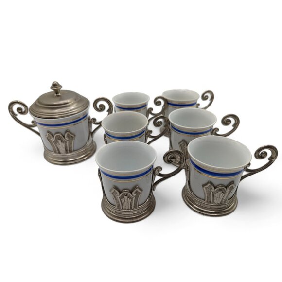 Rare Vintage E P Zinc Italy 6  Espresso Cups and Sugar Bowl from ITALY - Picture 2 of 14